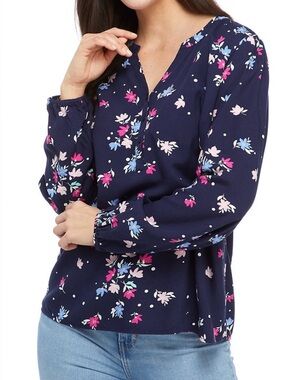 Kim Rogers Navy Floral Button-Front Blouse